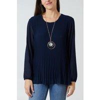HOXTON GAL Women's Relaxed Fit Pleated Tulle Detailed Long Sleeve Blouse with Necklace in Navy