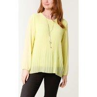 HOXTON GAL Women's Relaxed Fit Pleated Tulle Detailed Long Sleeve Blouse with Necklace in Lemon