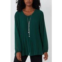 HOXTON GAL Women's Relaxed Fit Pleated Tulle Detailed Long Sleeve Blouse with Necklace in Green