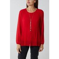 HOXTON GAL Women's Relaxed Fit Pleated Tulle Detailed Long Sleeve Blouse with Necklace in Red