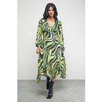 Warehouse Women's Tony Chiffon Plunge Neck Asymmetric Hem Midi Dress in Zebra | Size: 8