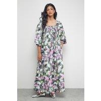 Warehouse Women's Tony Cotton Shirred Square Neck Midi Dress | Size: 16