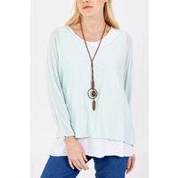 HOXTON GAL Women's Oversized Long Sleeves Layered Blouse With Necklace in Mint