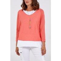 HOXTON GAL Women's Oversized Long Sleeves Layered Blouse With Necklace in Coral