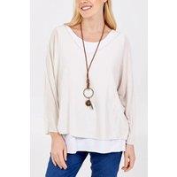 HOXTON GAL Women's Oversized Long Sleeves Layered Blouse With Necklace in Beige