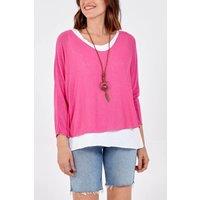 HOXTON GAL Women's Oversized Long Sleeves Layered Blouse With Necklace in Pink