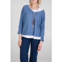 HOXTON GAL Women's Oversized Long Sleeves Layered Blouse With Necklace in Blue