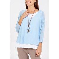 HOXTON GAL Women's Oversized Long Sleeves Layered Blouse With Necklace in Light Blue