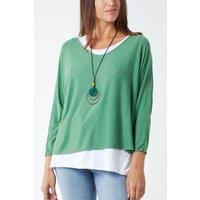 HOXTON GAL Women's Oversized Long Sleeves Layered Blouse With Necklace in Light Green