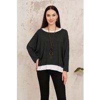HOXTON GAL Women's Oversized Long Sleeves Layered Blouse With Necklace in Black