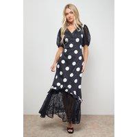 Oasis Women's Polkadot Lace Frill Detail Puff Sleeve Midi Dress in Black | Size: 10