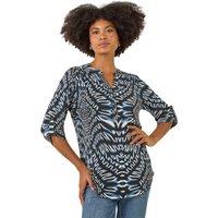 Roman Women's Abstract Puff Print Stretch Top in Blue | Size: 18