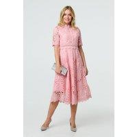 Izabel London Women's Floral Lace Cut Out Frilled Trim Midi Dress in Pink | Size: 12