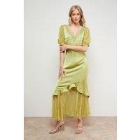 Oasis Women's Plain Lace Frill Detail Puff Sleeve Midi Dress in Chartreuse | Size: 16