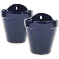 Verano Spanish Ceramics Dipped Red Hand Painted Set of 2 Outdoor Garden Hanging Plant Pots (D) 22cm in Blue