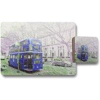 Benjamin Tate Design london bus behind blue placemat coaster set in Natural