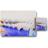 Benjamin Tate Design london eye veiw blue placemat coaster set in Natural
