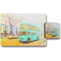 Benjamin Tate Design london bus green front placemat coaster set in Natural