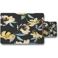 Benjamin Tate Design yellow flowers on green placemat coaster set in Natural