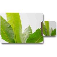 Benjamin Tate Design green leaves on white placemat coaster set in Natural
