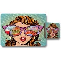 Benjamin Tate Design woman with sunglasses fast food & sweets in the reflection placemat coaster set in Natural