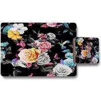Benjamin Tate Design humming bird roses peony with leaves placemat coaster set in Natural