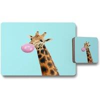 Benjamin Tate Design concept giraffe with bubble gum on color background placemat coaster set in Natural
