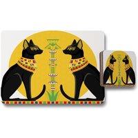 Benjamin Tate Design illustration of black egyptian cats with papyrus placemat coaster set in Natural
