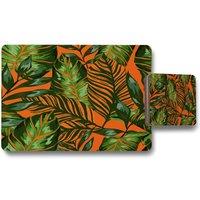 Benjamin Tate Design green tropical leaves on orange placemat coaster set in Natural