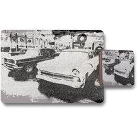 Benjamin Tate Design cool cars satin silver placemat coaster set in Natural