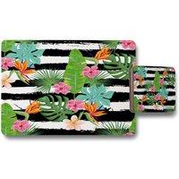 Benjamin Tate Design tropical plants on black white stripes placemat coaster set in Natural