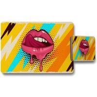 Benjamin Tate Design pink red lips mouth & tongue icon on pop art retro vintage colorful background placemat coaster set in Natural