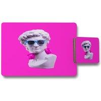 Benjamin Tate Design plaster statue of davids head in blue sunglasses placemat coaster set in Natural