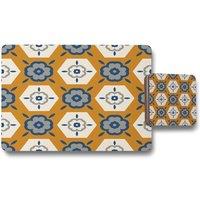 Benjamin Tate Design rust orange background with gray navy blue & beige placemat coaster set in Natural