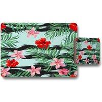 Benjamin Tate Design red pink tropical plants placemat coaster set in Natural