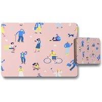 Benjamin Tate Design different people with mobile phones & gadgets placemat coaster set in Natural