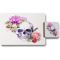 Benjamin Tate Design human skull with flowers placemat coaster set in Natural