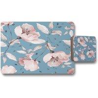 Benjamin Tate Design pink flowers on blue placemat coaster set in Natural