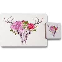 Benjamin Tate Design deer animal skull with flowers & feathers placemat coaster set in Natural