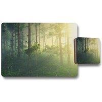 Benjamin Tate Design forest in the morning in a fog in the sun trees in a haze of light glowing fog among the trees placemat coaster set in Natural