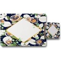 Benjamin Tate Design decorative flowers on navy background placemat coaster set in Natural