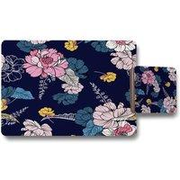 Benjamin Tate Design pink flowers on navy placemat coaster set in Natural