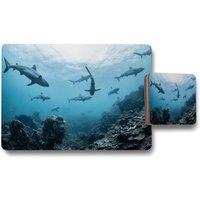Benjamin Tate Design schooling grey reef sharks ningaloo reef western australia placemat coaster set in Natural