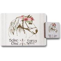 Benjamin Tate Design horse with flower chic placemat coaster set in Natural