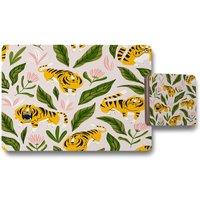 Benjamin Tate Design cute tigers & tropical leaves & flowers placemat coaster set in Natural