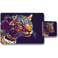 Benjamin Tate Design leopard face with pop art style placemat coaster set in Natural