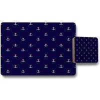 Benjamin Tate Design white red anchors on navy placemat coaster set in Natural