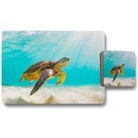 Benjamin Tate Design photo of sea turtle in the galapagos island placemat coaster set in Natural