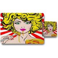 Benjamin Tate Design pop art young woman eating spaghetti placemat coaster set in Natural