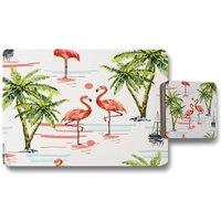 Benjamin Tate Design flamingo palm trees placemat coaster set in Natural